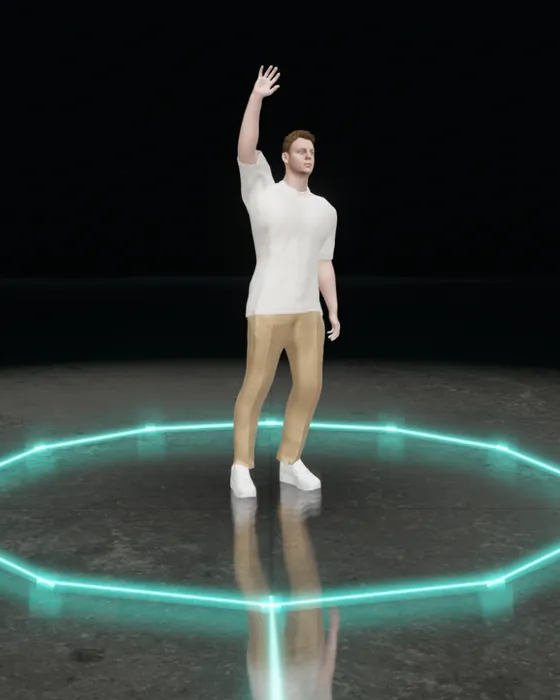 Adrian Enßlin als 3D-Figur im Lichtring, er winkt zur Begrüßung.